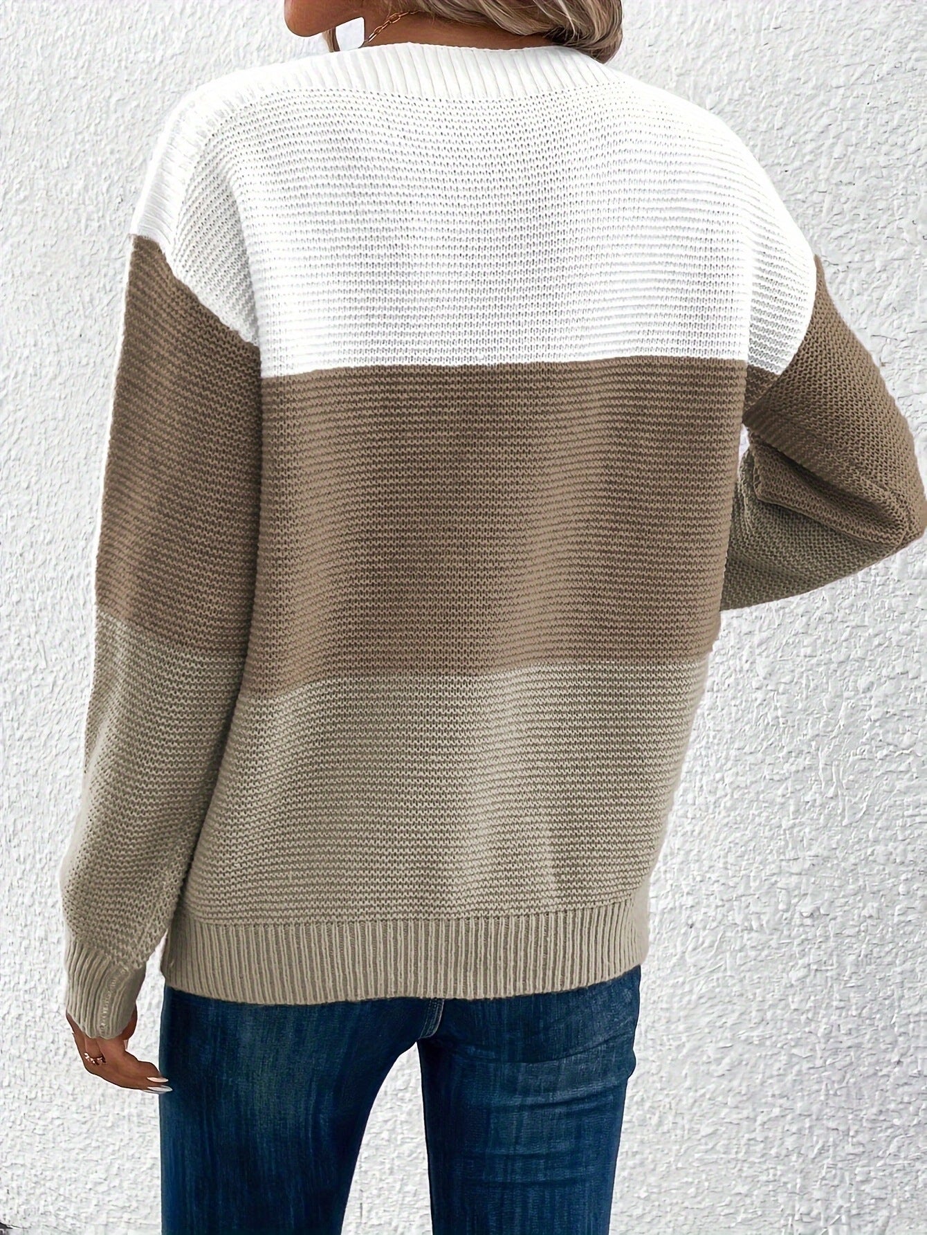 Women’s Fashion Spliced Knit Pullover Cozy Loose Round-Neck Sweater