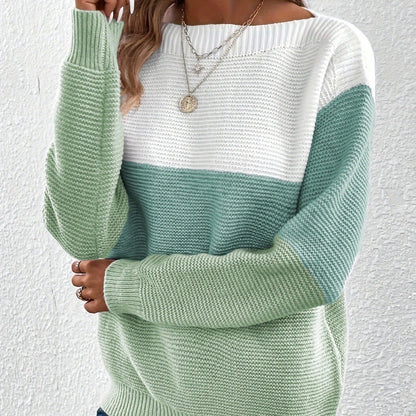 Women’s Fashion Spliced Knit Pullover Cozy Loose Round-Neck Sweater