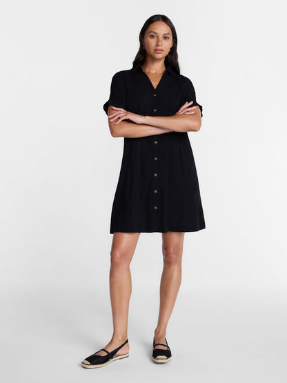 Time and Tru Women's Linen Blend Pleated Mini Shirtdress with Short Sl