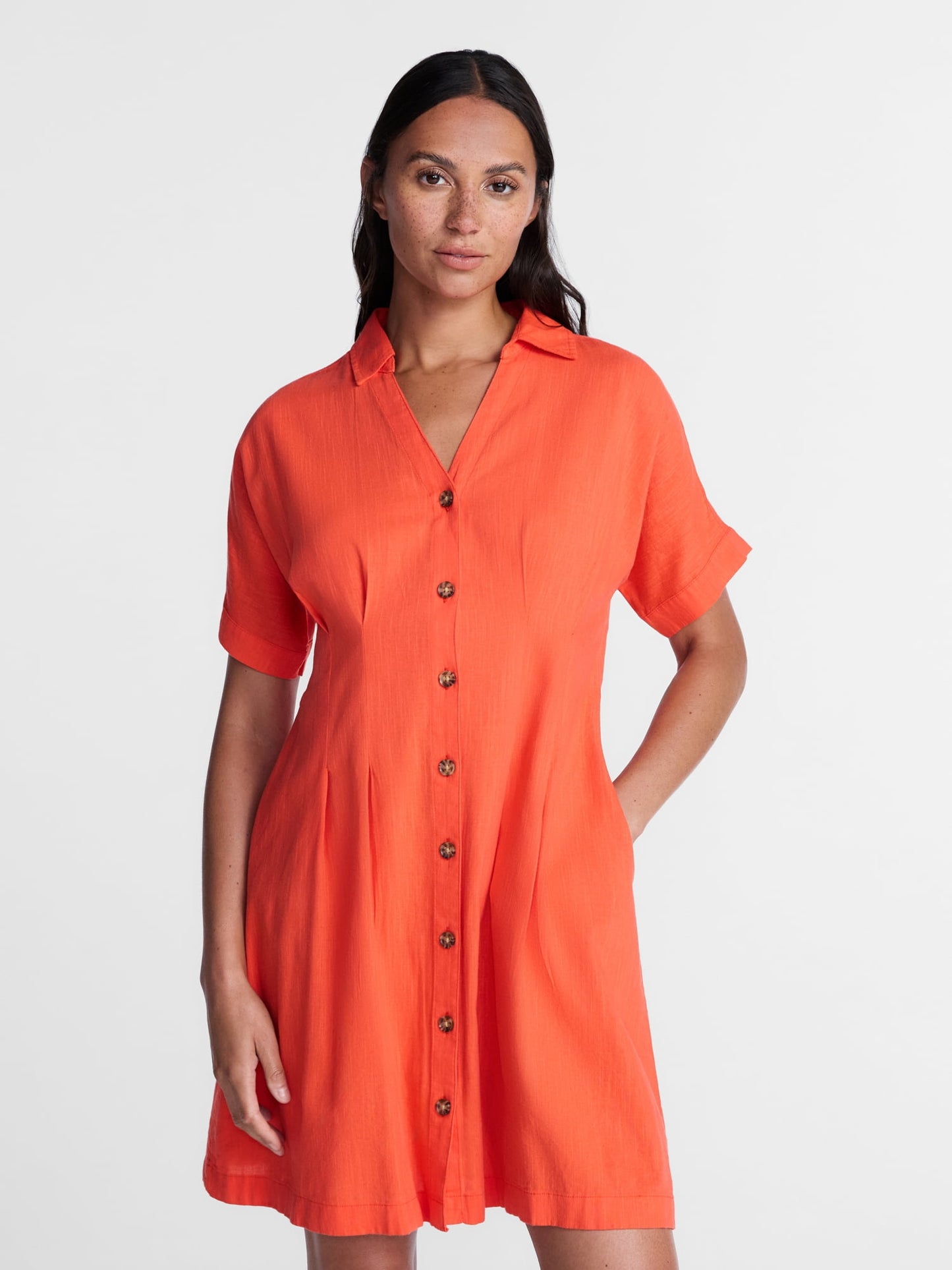 Time and Tru Women's Linen Blend Pleated Mini Shirtdress with Short Sl
