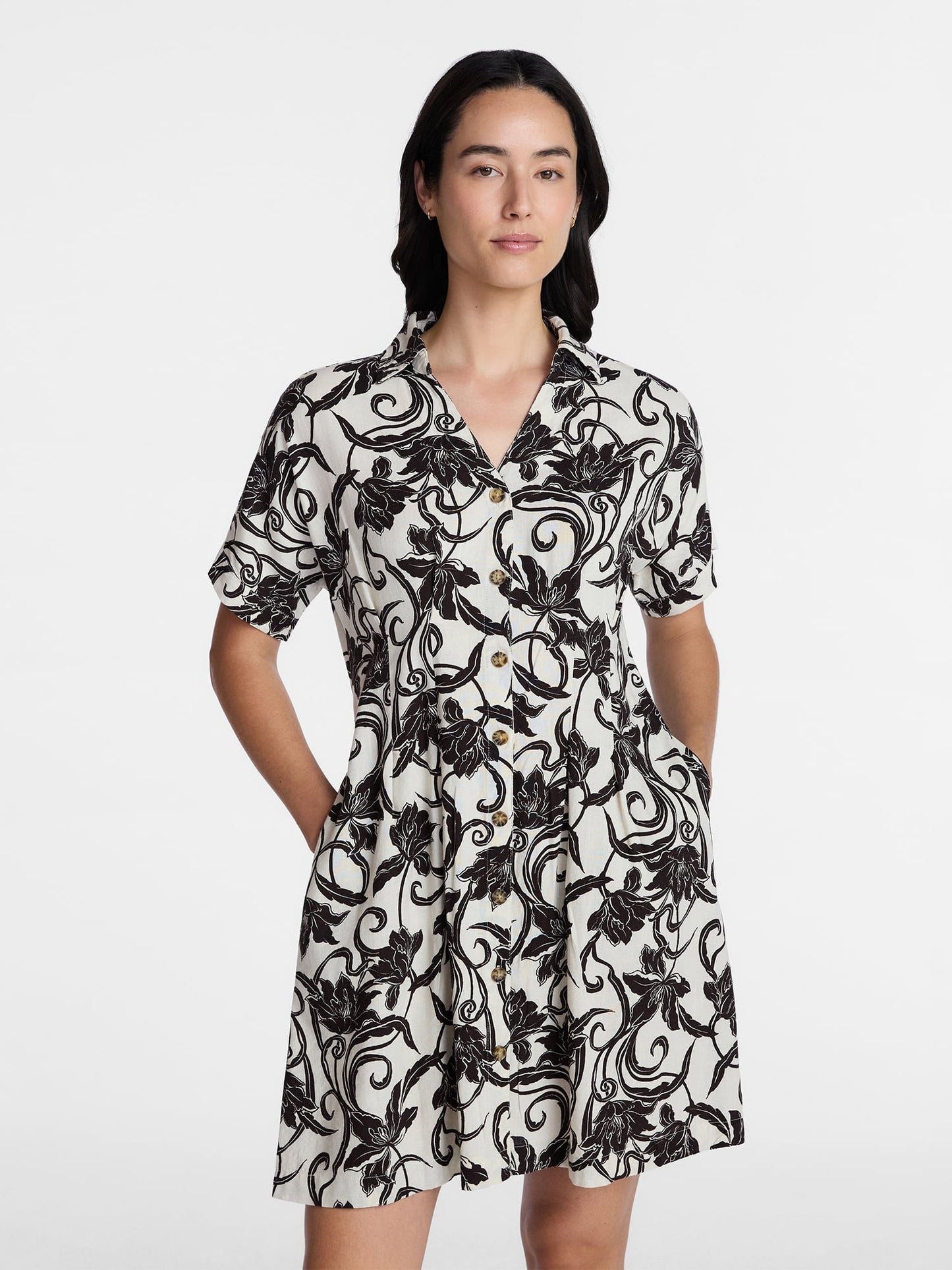 Time and Tru Women's Linen Blend Pleated Mini Shirtdress with Short Sl
