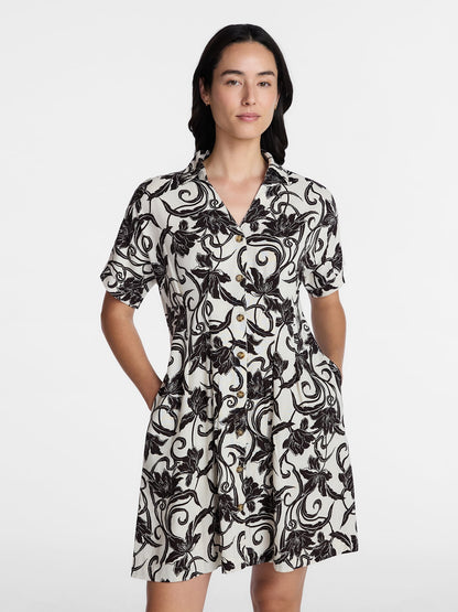 Time and Tru Women's Linen Blend Pleated Mini Shirtdress with Short Sl