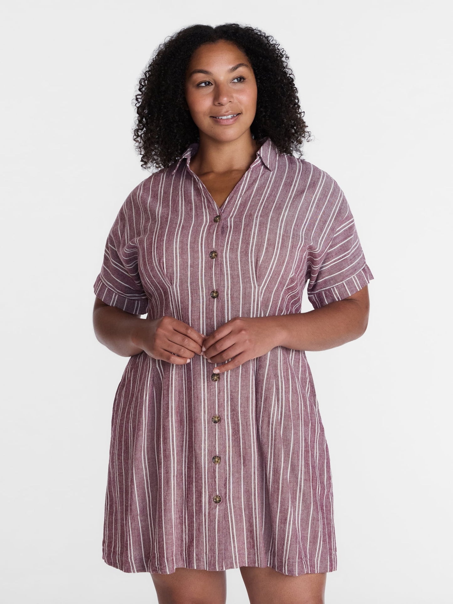 Time and Tru Women's Linen Blend Pleated Mini Shirtdress with Short Sl