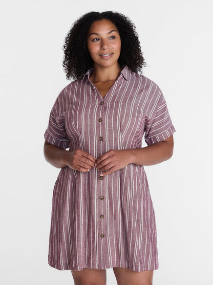 Time and Tru Women's Linen Blend Pleated Mini Shirtdress with Short Sl