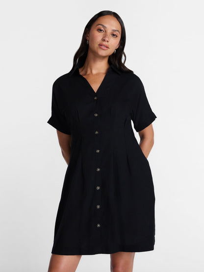 Time and Tru Women's Linen Blend Pleated Mini Shirtdress with Short Sl