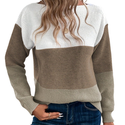 Women’s Fashion Spliced Knit Pullover Cozy Loose Round-Neck Sweater