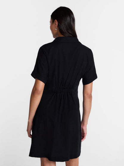 Time and Tru Women's Linen Blend Pleated Mini Shirtdress with Short Sl