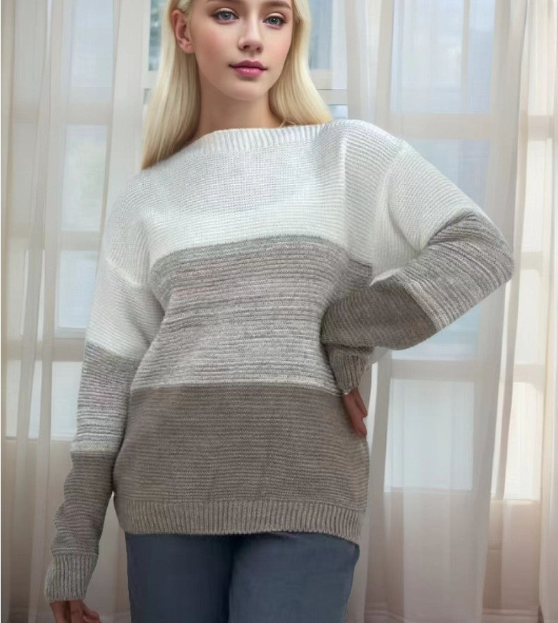 Women’s Fashion Spliced Knit Pullover Cozy Loose Round-Neck Sweater