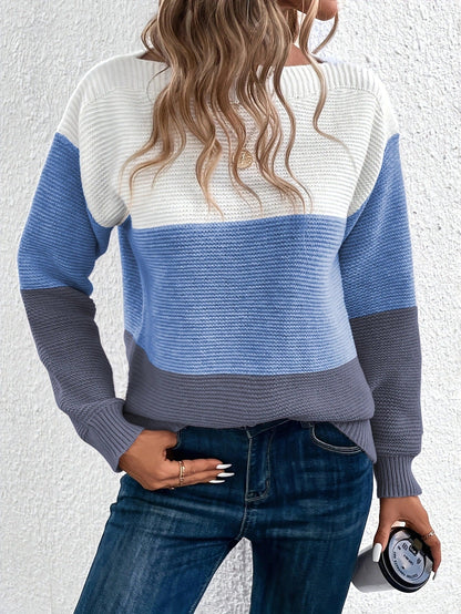 Women’s Fashion Spliced Knit Pullover Cozy Loose Round-Neck Sweater