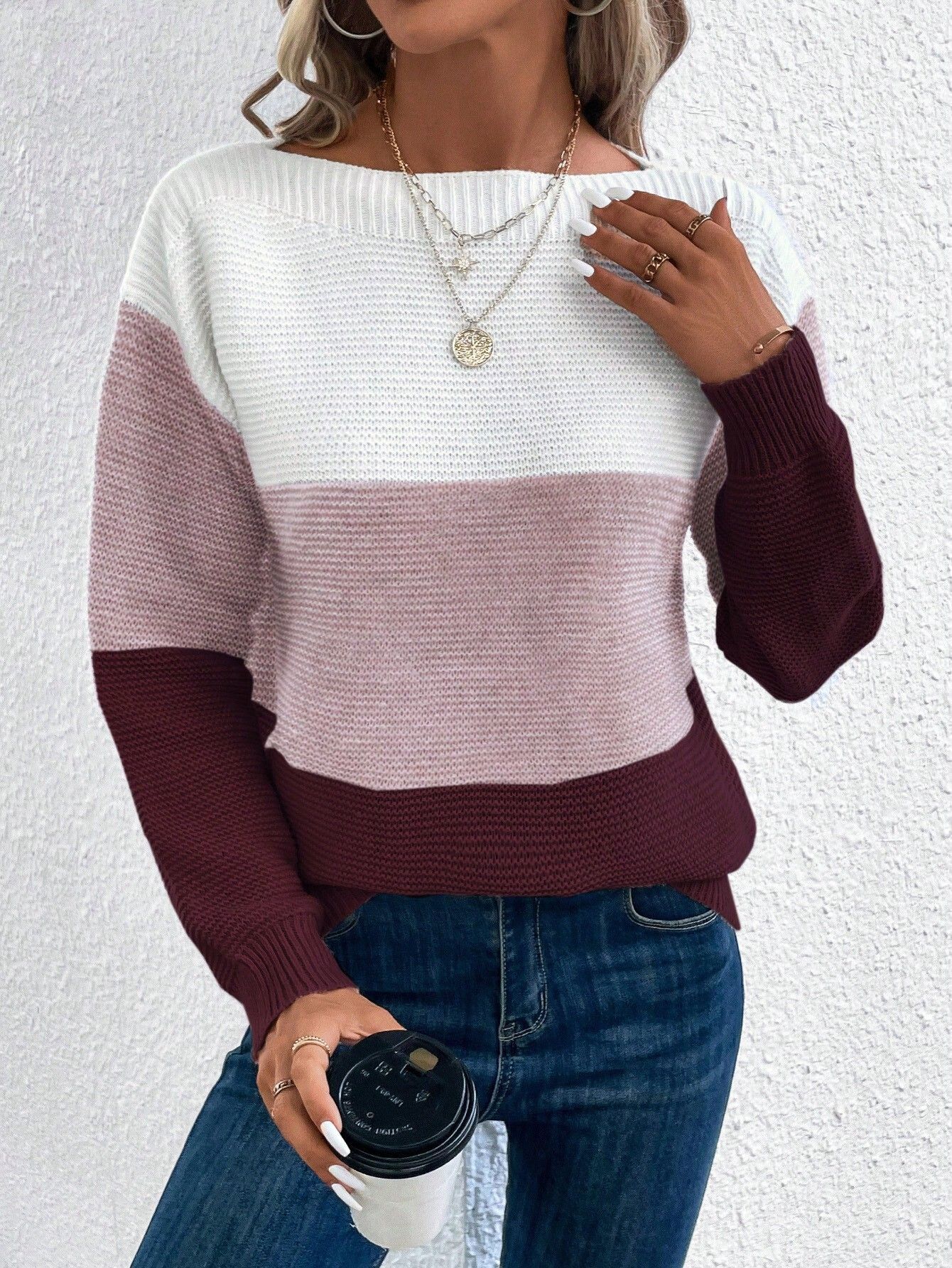 Women’s Fashion Spliced Knit Pullover Cozy Loose Round-Neck Sweater