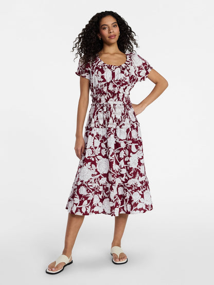 Fashnica Smocked Cotton Peasant Short Sleeve Dress