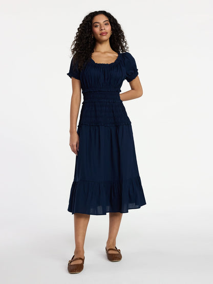 Fashnica Smocked Cotton Peasant Short Sleeve Dress