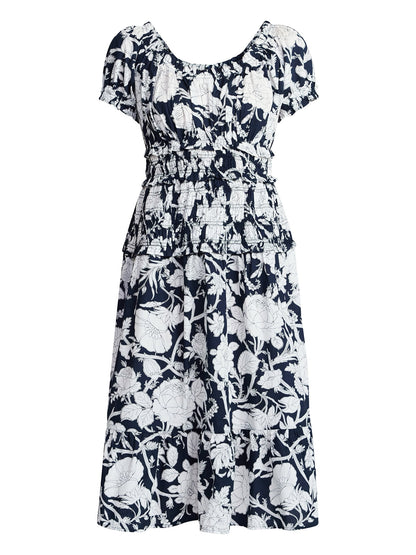 Fashnica Smocked Cotton Peasant Short Sleeve Dress