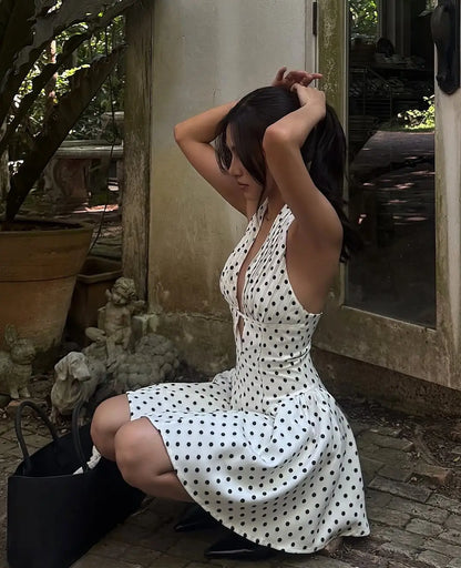 Fashnica Chic Retro Polka Dot Backless Halter Dress