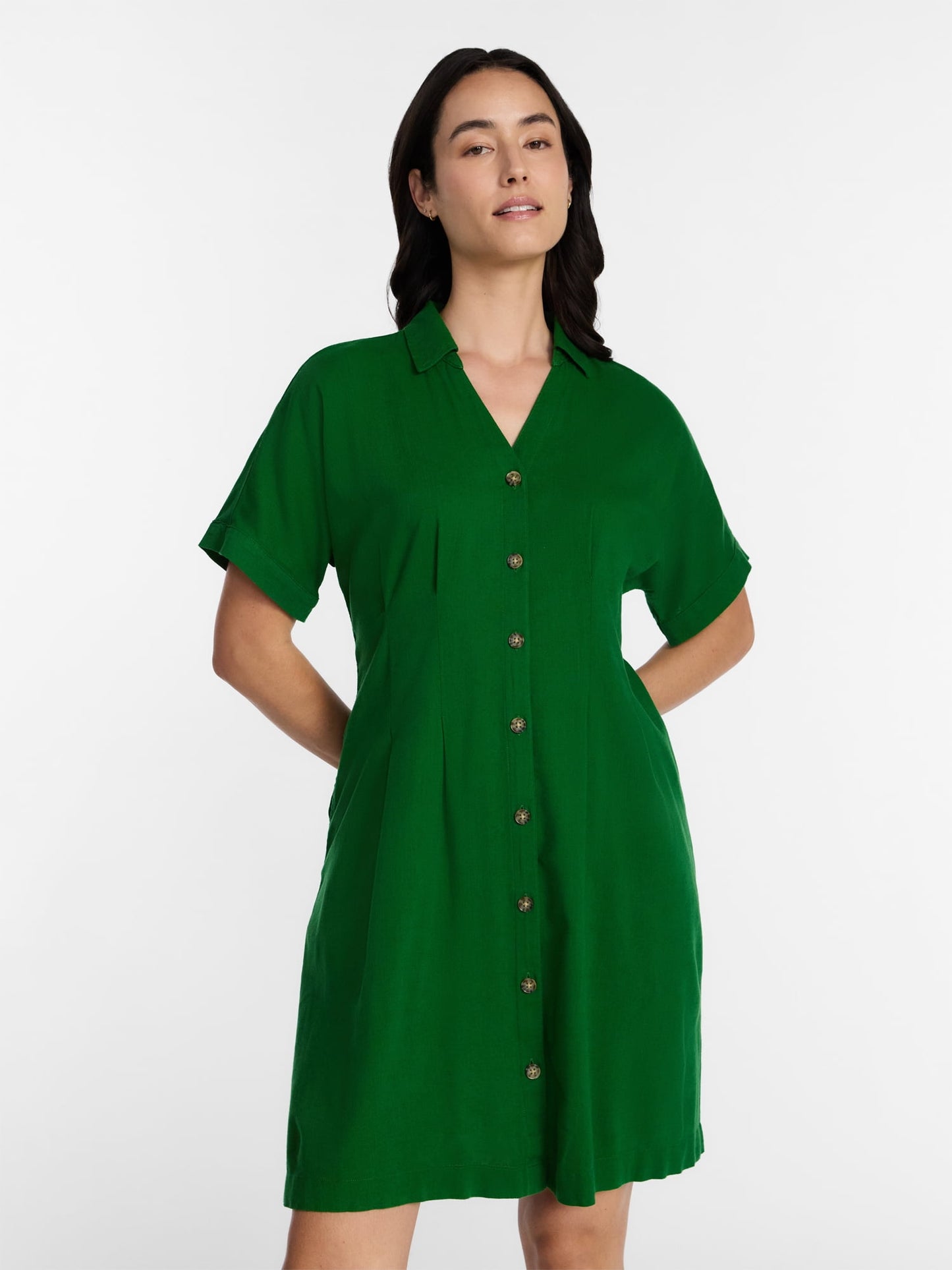 Time and Tru Women's Linen Blend Pleated Mini Shirtdress with Short Sl