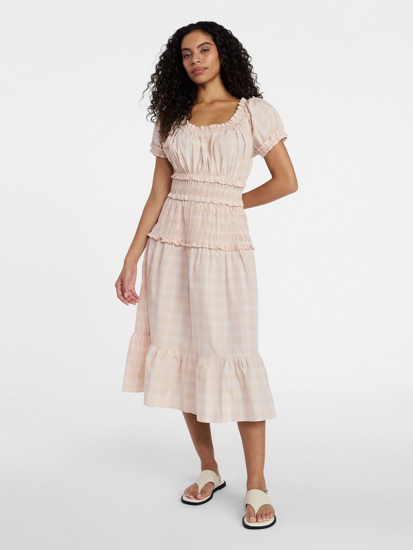 Fashnica Smocked Cotton Peasant Short Sleeve Dress