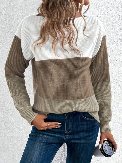 Women’s Fashion Spliced Knit Pullover Cozy Loose Round-Neck Sweater