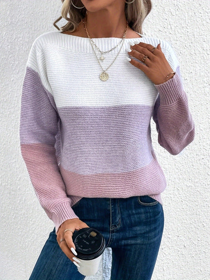 Women’s Fashion Spliced Knit Pullover Cozy Loose Round-Neck Sweater