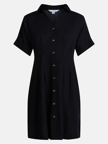 Time and Tru Women's Linen Blend Pleated Mini Shirtdress with Short Sl