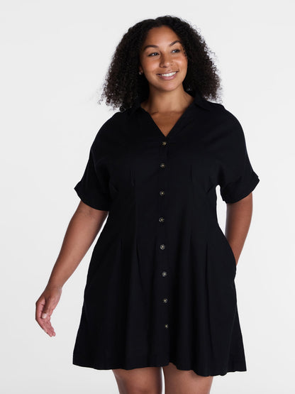 Time and Tru Women's Linen Blend Pleated Mini Shirtdress with Short Sl