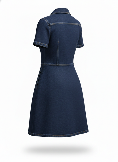 Short Dress in Purple Denim with an A-Line Cut