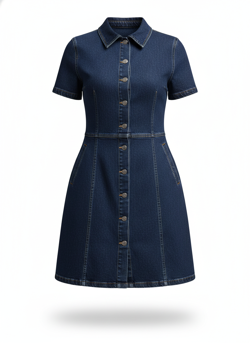 Short Dress in Purple Denim with an A-Line Cut